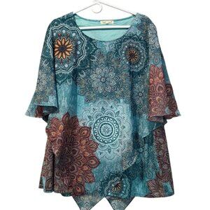 INDIGO SOUL Size‎ XL Vibrant Blue Boho Tunic Top Tiered Embellished Hippie
